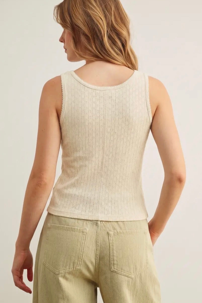 Pointelle Fabric Button Front Tank Top - Custard