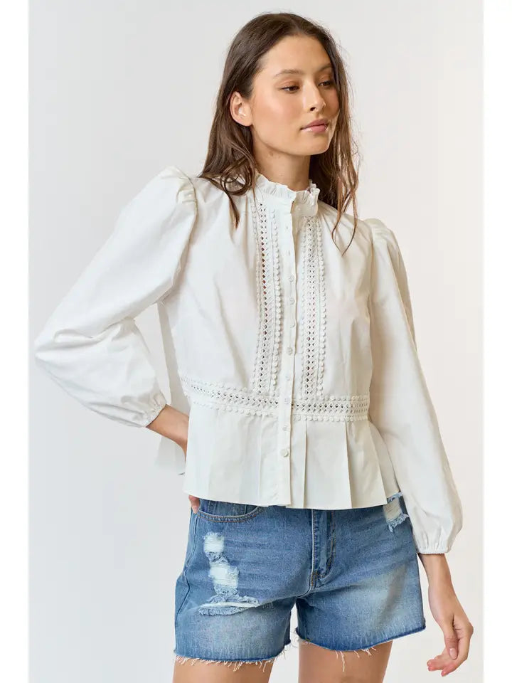 Ruffle Neck Puff Sleeve Button Down Blouse - White