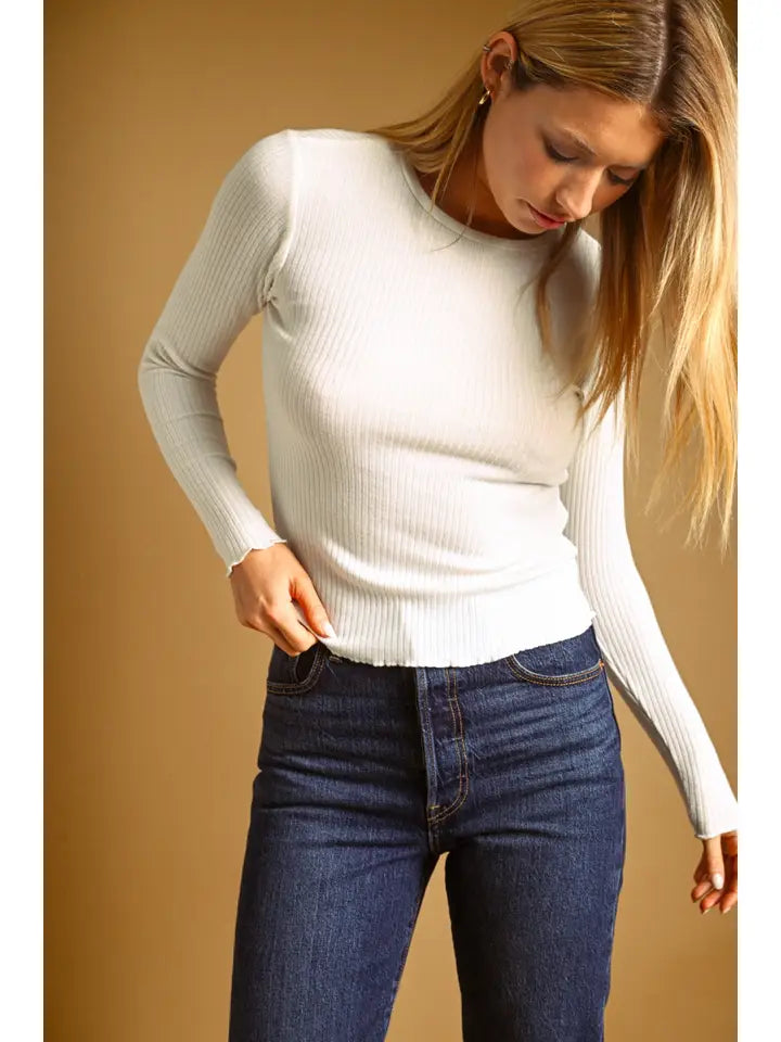 Long Sleeve Ribbed Top - Ivory