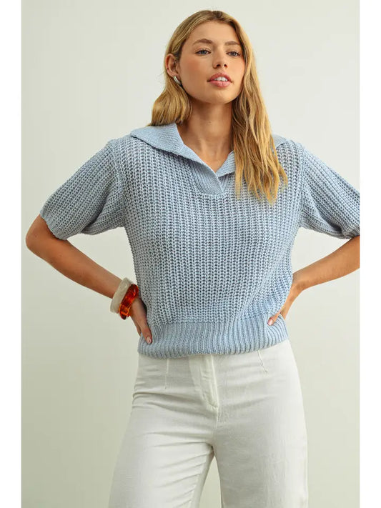 Collared Short Sleeve Knitted Top - Sky Blue