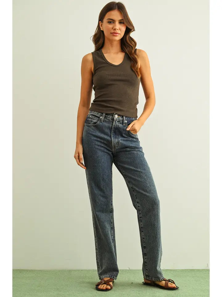 U-Neck Shape Ribbed tank - Olive