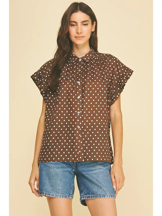 Ruffled Sleeve Shirt - Chocolate Polka Dot