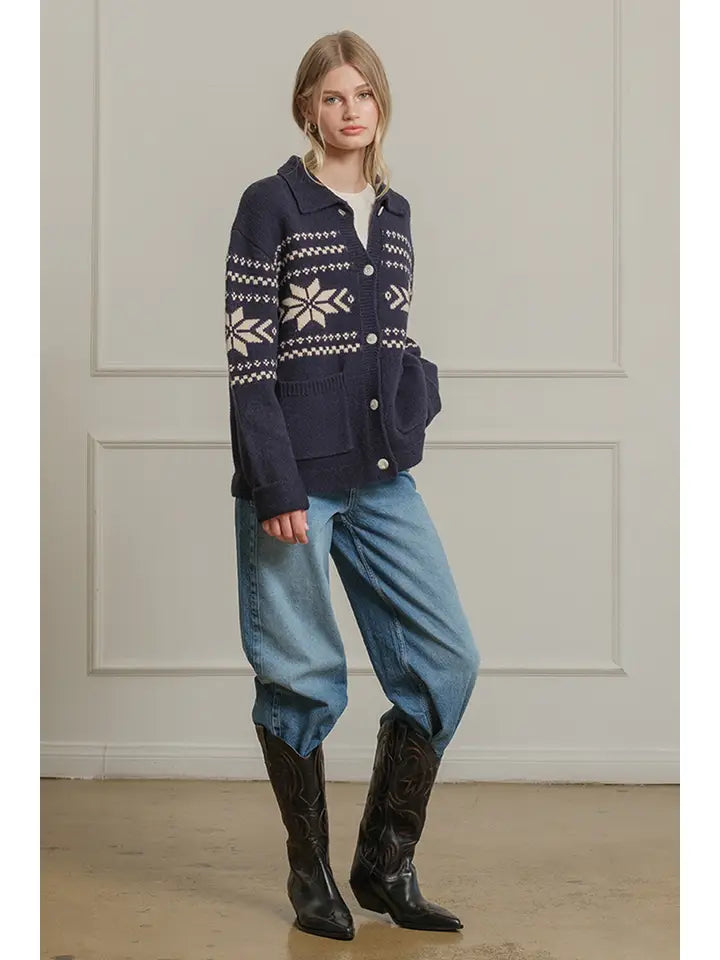 Nordic Snowflake Knit Cardigan - Navy