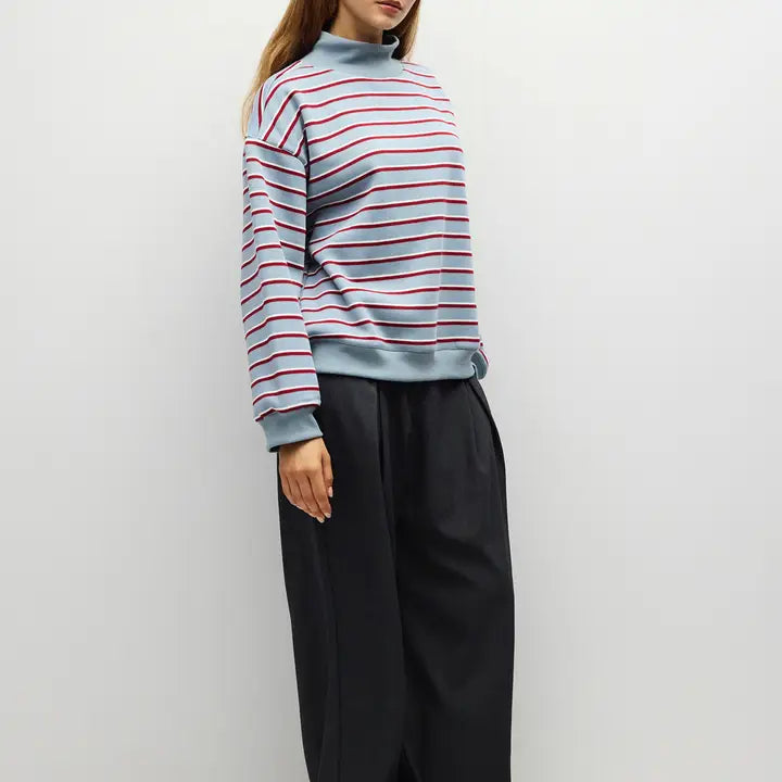 Mock Neck Striped Sweater - Blue + Burgundy