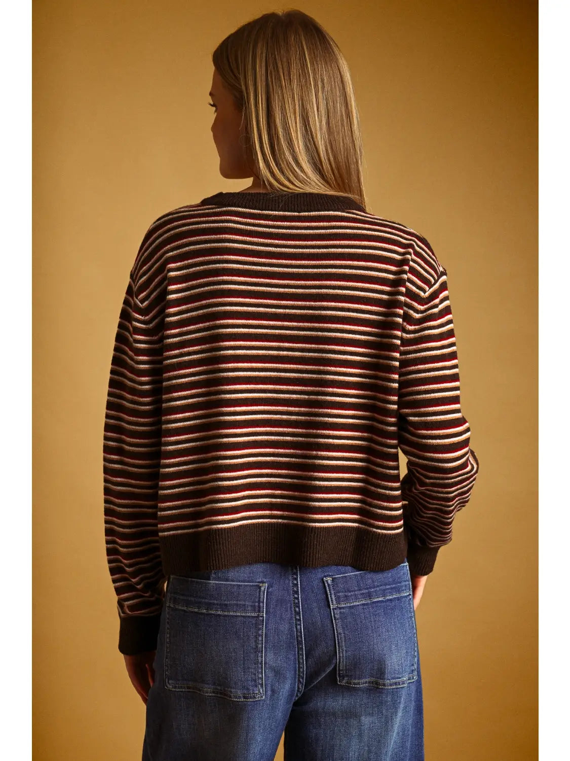 Striped Round Neck Knit Top - Brown Multi