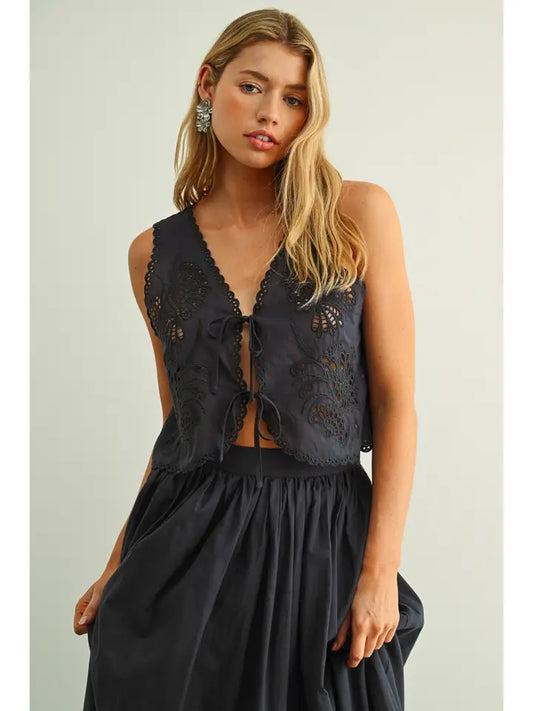 Embroidery Tie Front Sleeveless Top - Navy