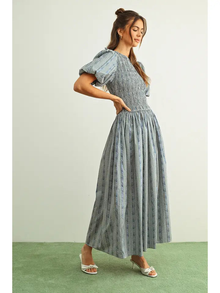 Puff Sleeve Dress - Blue Multi Floral Print