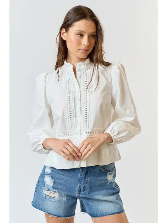 Ruffle Neck Puff Sleeve Button Down Blouse - White