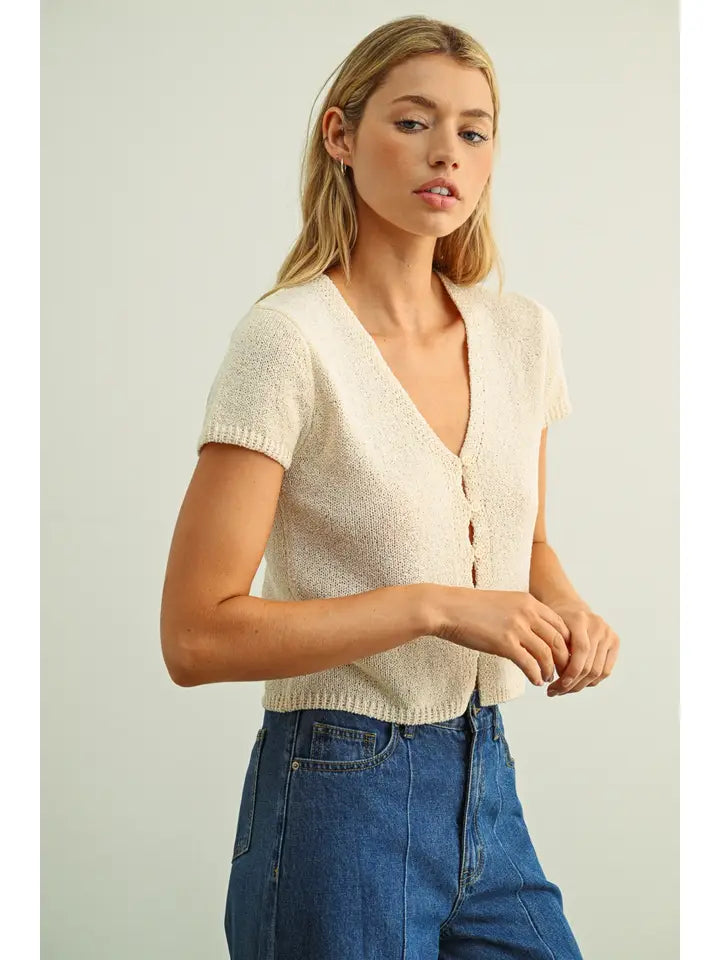 Cap Sleeve Button Front Top - Beige