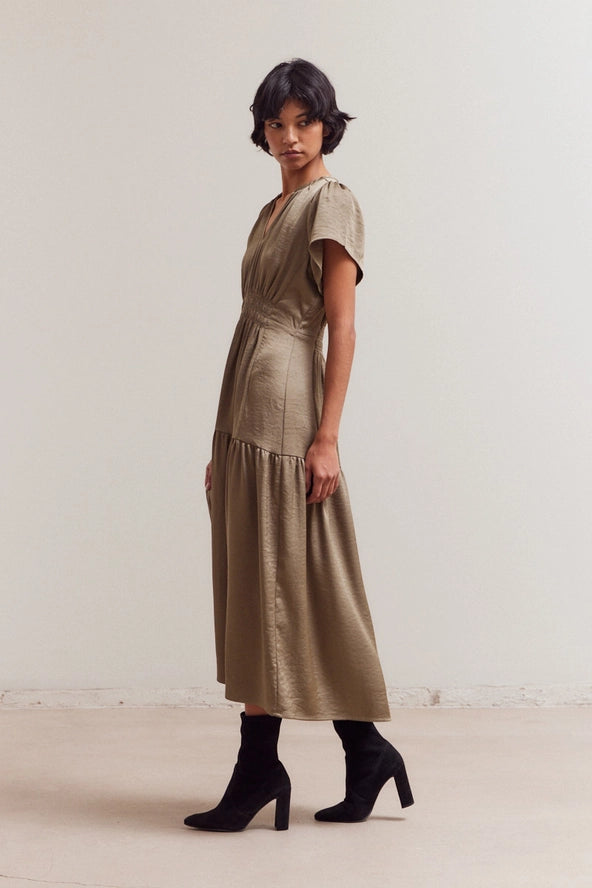 Grade + Gather - Ruffle Matte Satin Midi Dress - Olive