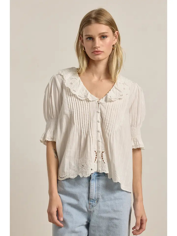 Embroidered Collar Button Blouse - Ivory