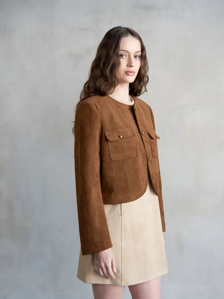 Suede Utility Crop Jacket - Tan