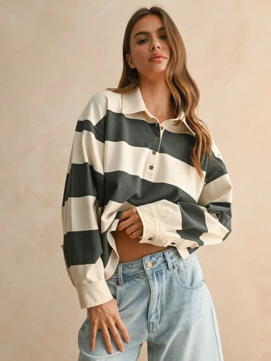 Long Sleeve Wide Panel Shirt - Olive & Beige