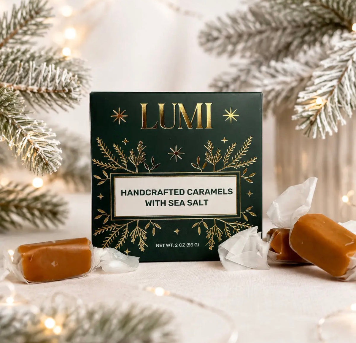 Holiday Handcrafted Caramels with Sea Salt – Green Box, 2 oz