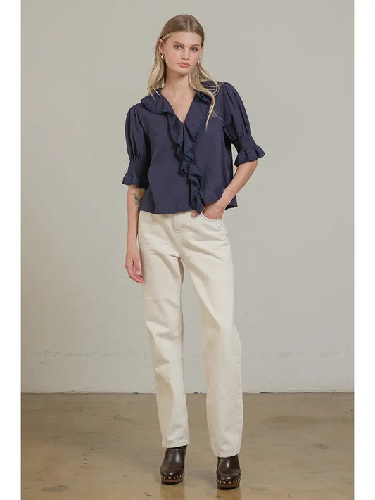 Ruffle Trim Lace Detail Blouse - Navy