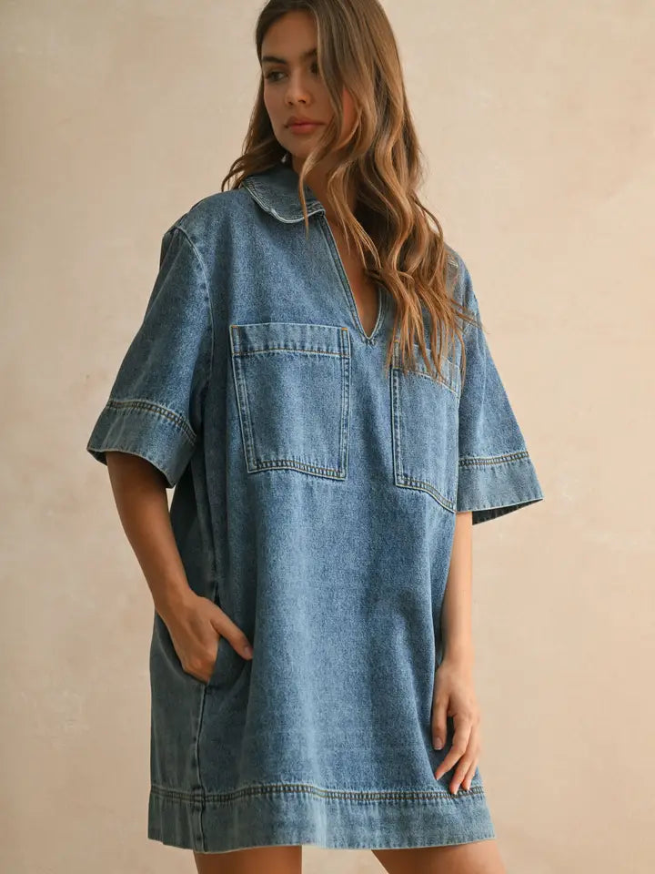 V-Neck Tunic Dress - Denim
