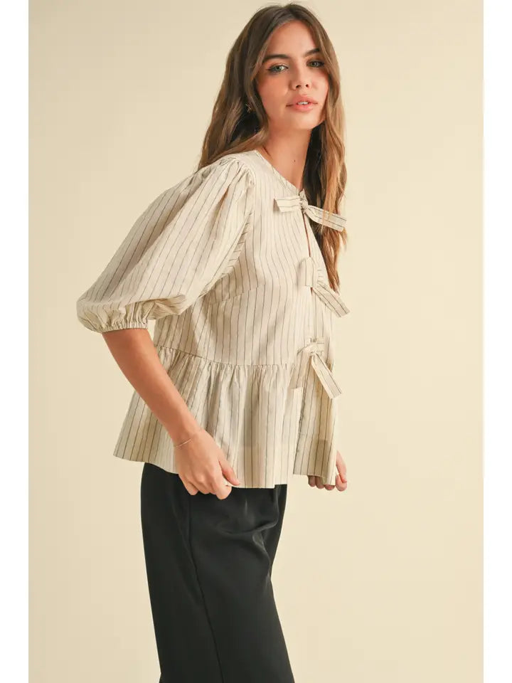 Striped Tie Front Blouse - Tan & Black
