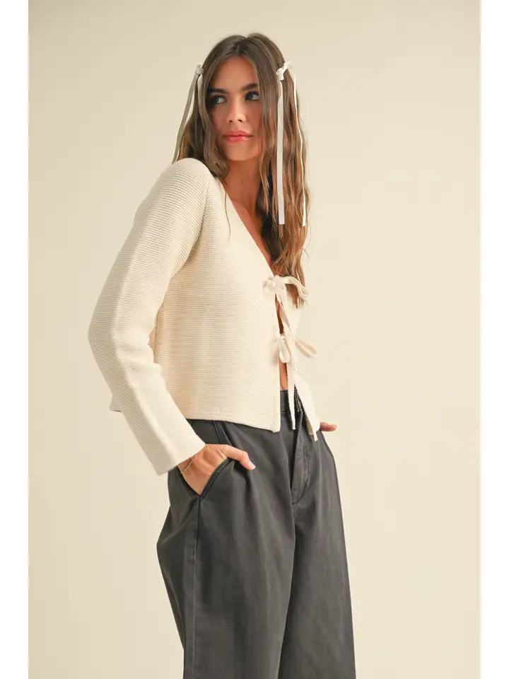 Long Sleeve Knitted Tie Front Cardigan - Cream