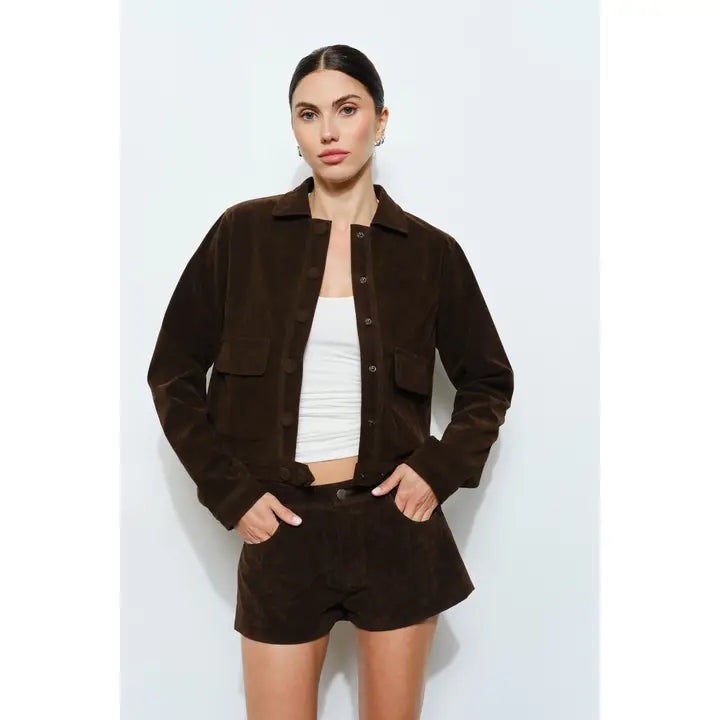 Greta Suede Button Jacket - Brown