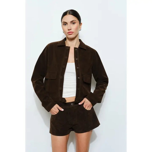 Greta Suede Button Jacket - Brown