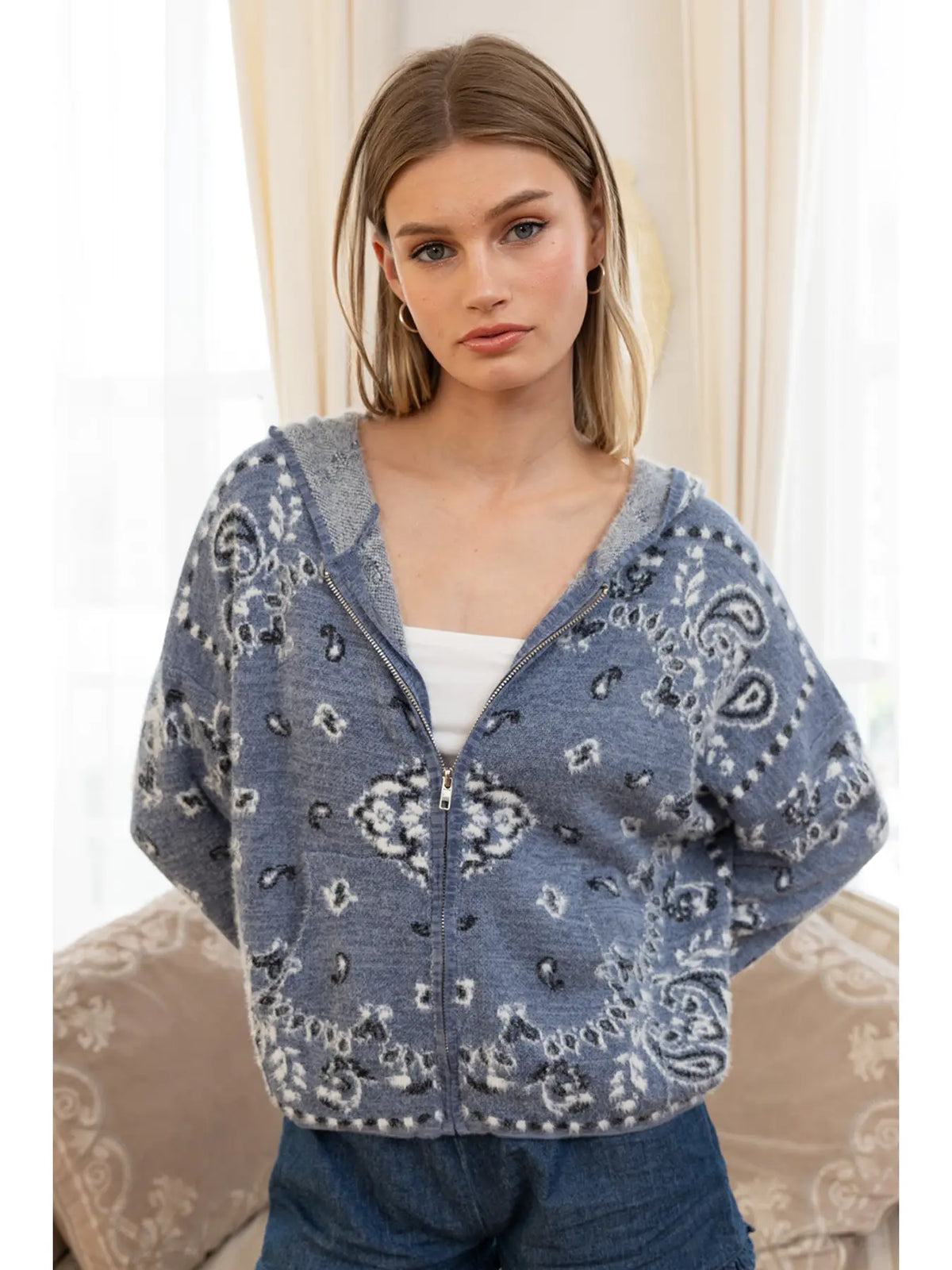 Fuzzy Knit Hoodie Cardigan - Nordic Blue