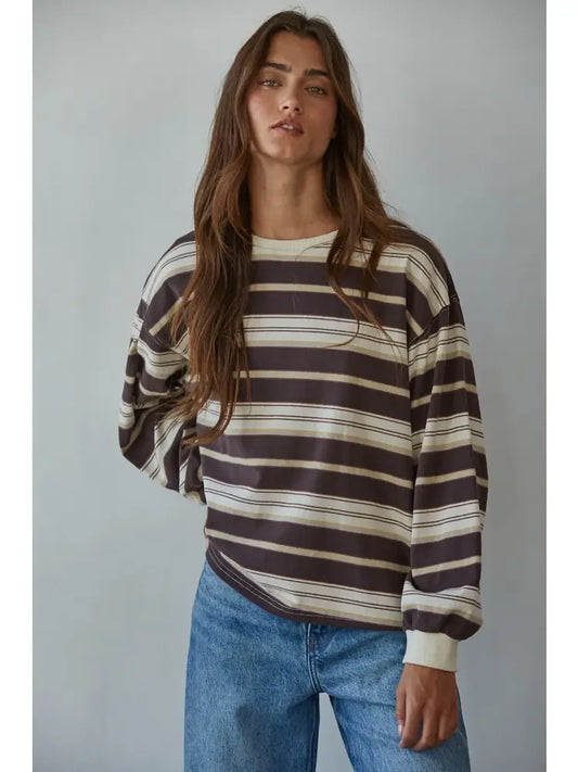 Knit Cotton Multi Stripe Long Sleeve Top - Cream & Brown