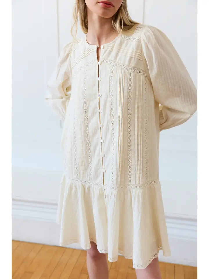 Lace Pintuck Tiered Tunic Dress - Cream