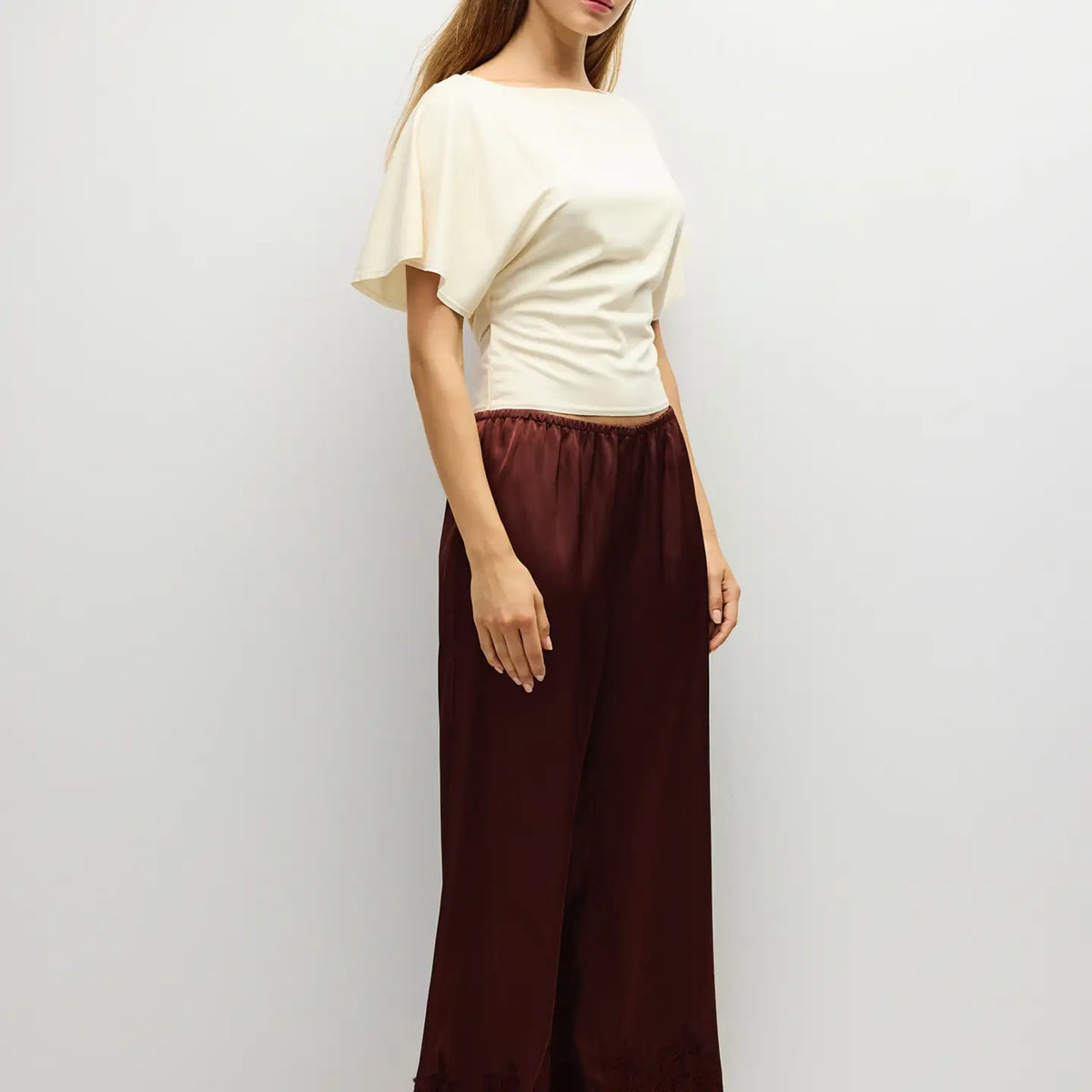 Elastic Wide Leg Satin Pant - Brown