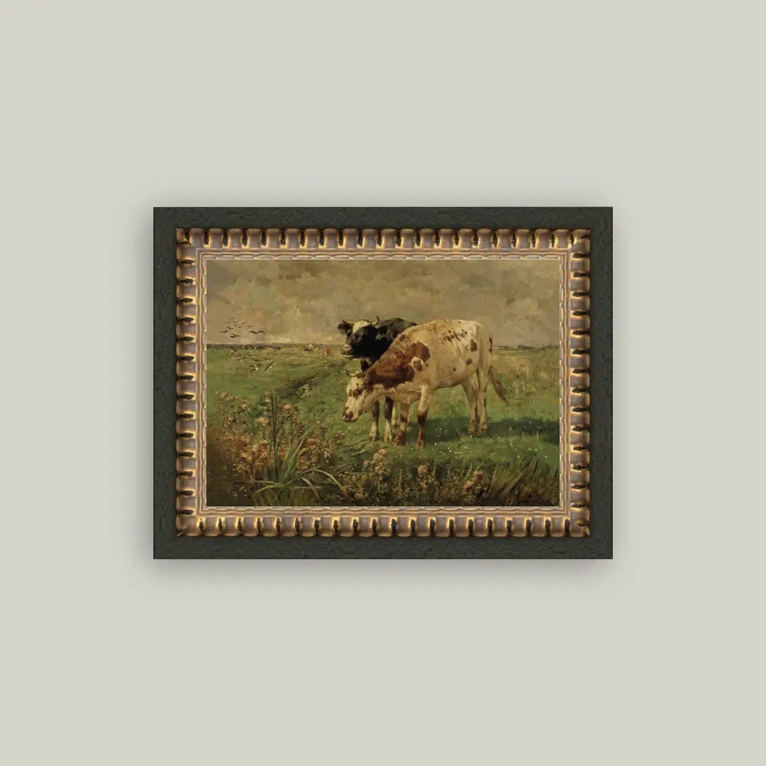 Black & Brown Cows Framed Antique Art