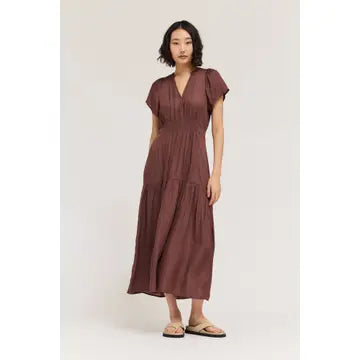 Grade + Gather - Ruffle Satin Midi Dress - Tobacco