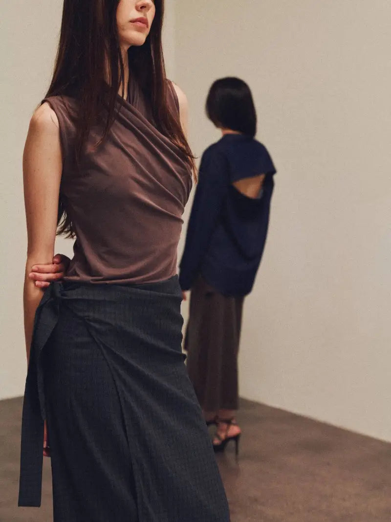 Grade + Gather - Overlap High Neck Sleeveless Top - Chocolate