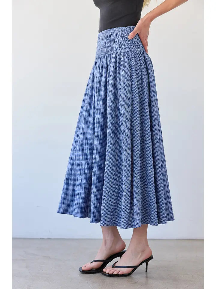 Smocked Waist Midi Skirt - Blue Check