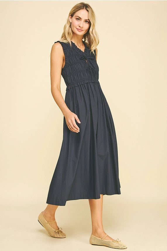 Front Tie Smocking Midi Dress - Ink