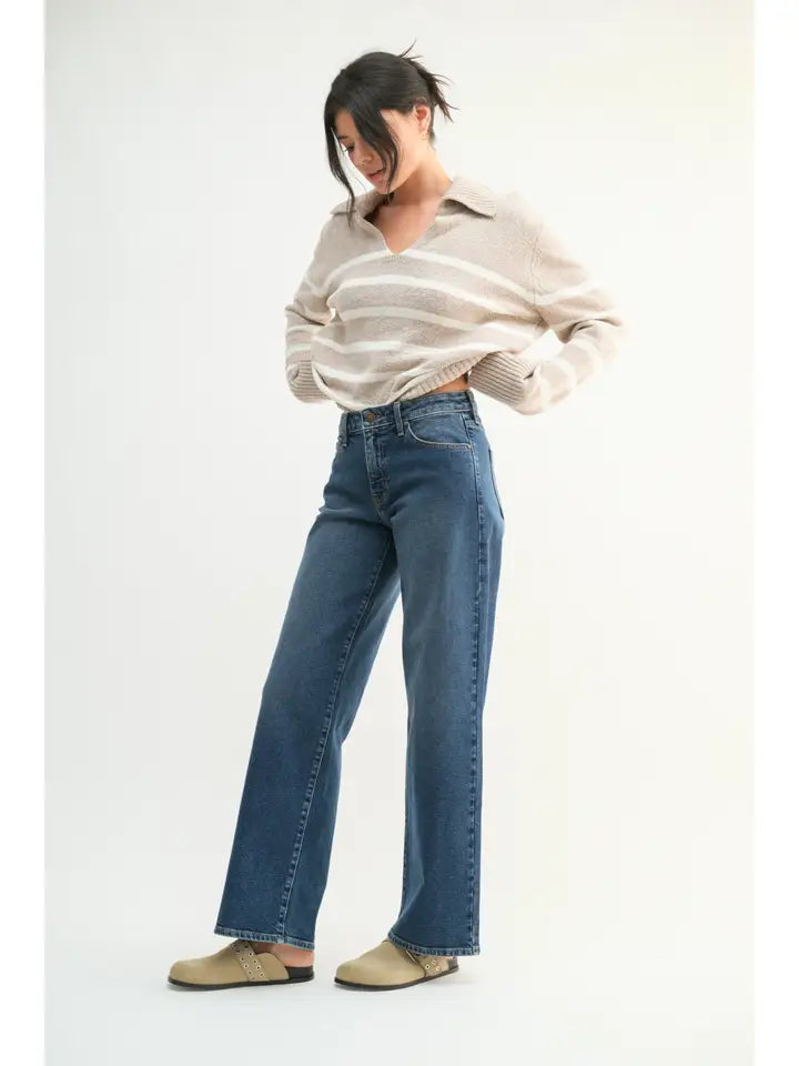 Mid Rise Slim Wide Leg Pant - Medium Denim