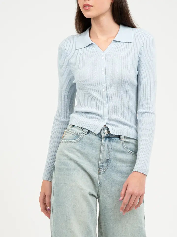 Collared Ribbed Knit Cardigan - Baby Blue