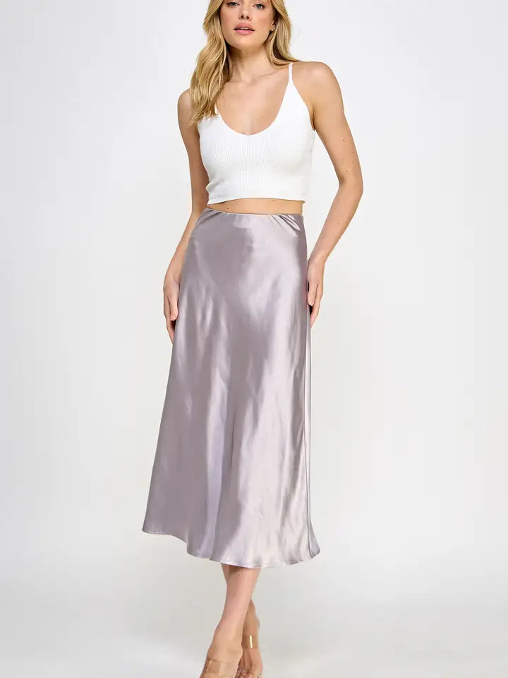 Satin Midi Woven Skirt - Silver