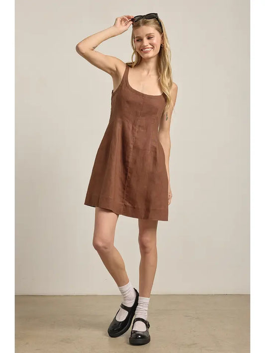 Linen Square Neck Mini Dress - Brown