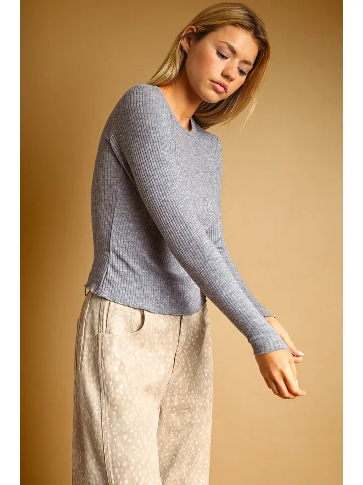 Long Sleeve Ribbed Top - Denim Blue