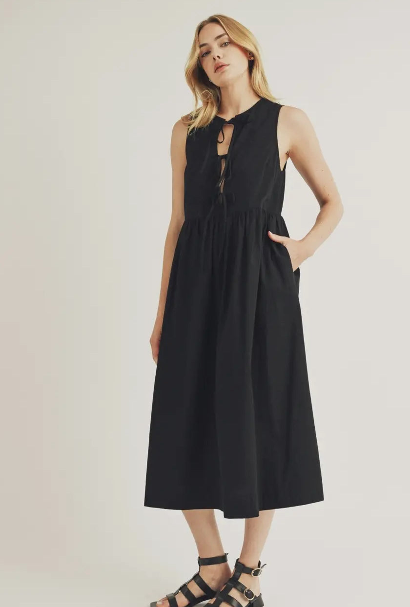 Bow Tie Swing Midi Dress - Black