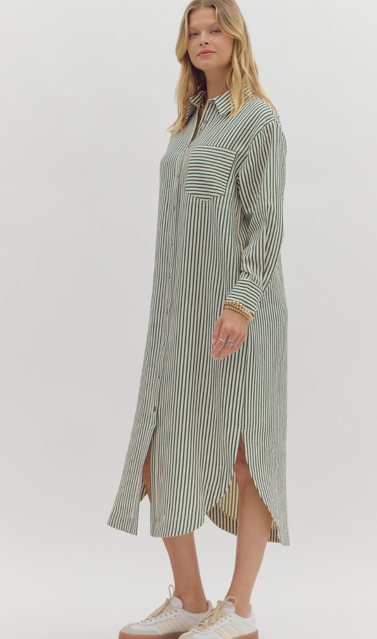 Textured Button Down Dress - Green Stripe