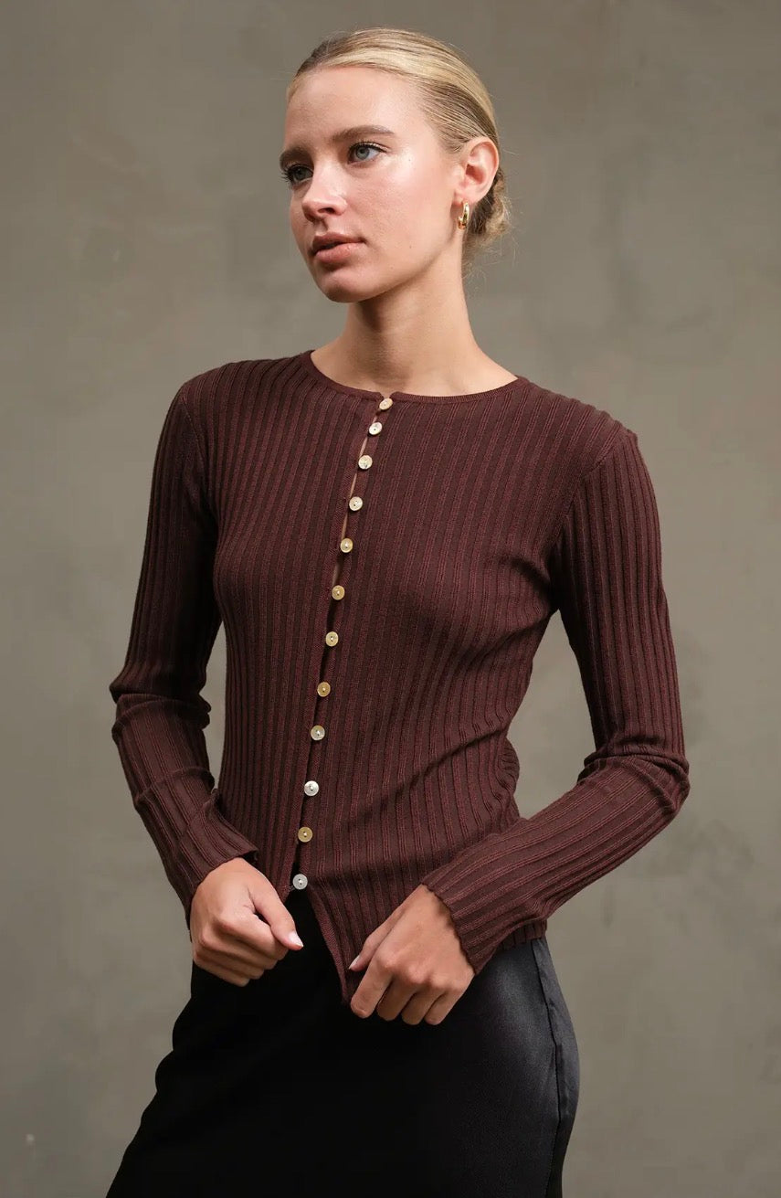 Slim Fit Knit Button Top - Brown