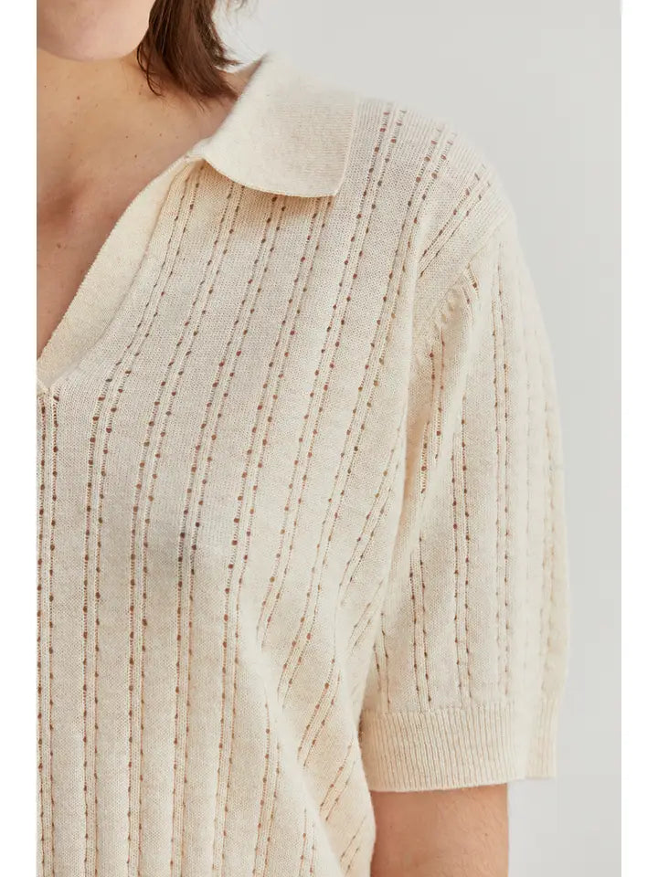 Saman Pointelle Knit Polo Top - Cream