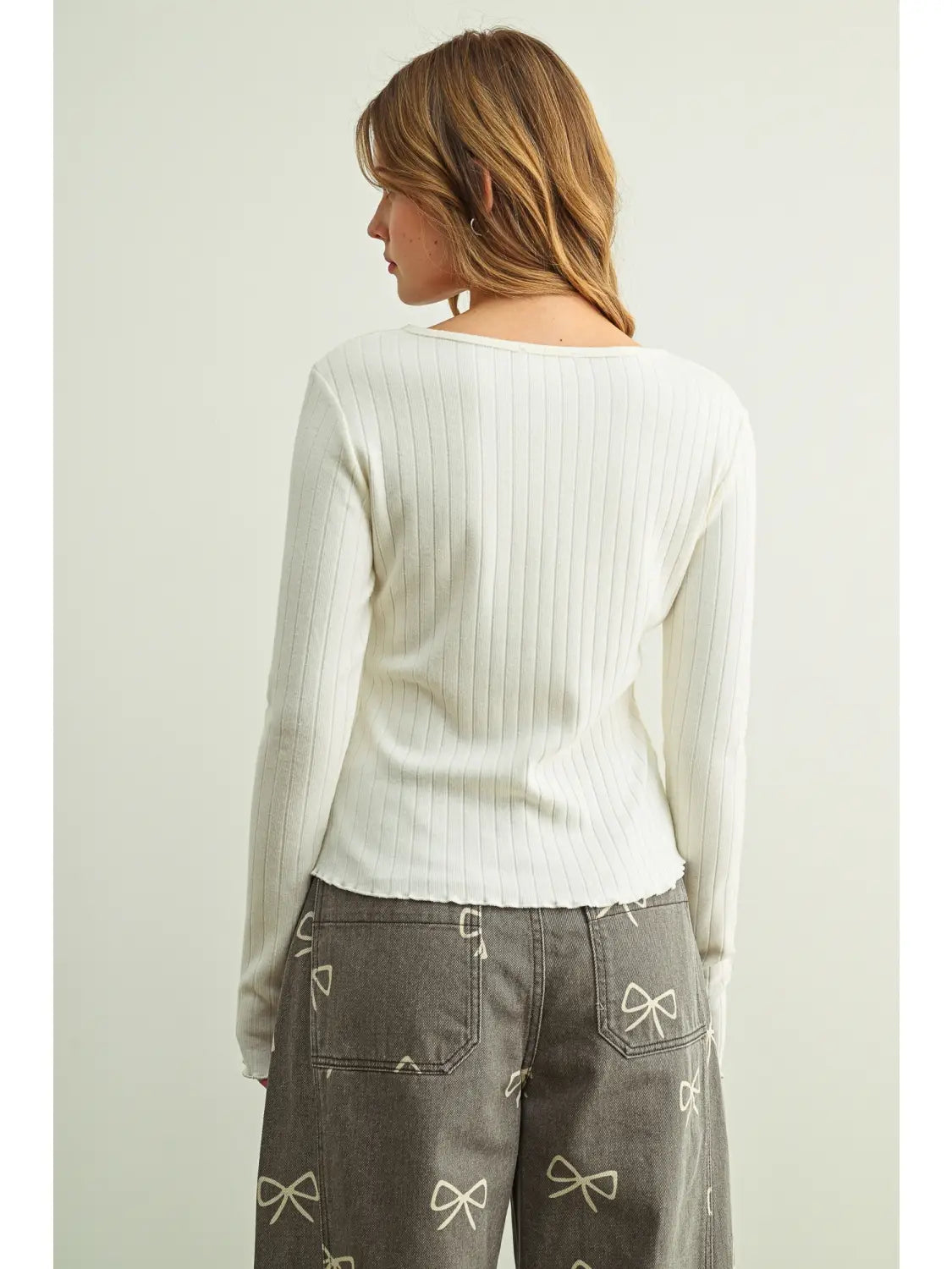 Button Front Ribbed Long Sleeve Knitted Top - Cream
