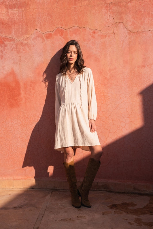 Madrid Short Long Sleeve Dress - Beige