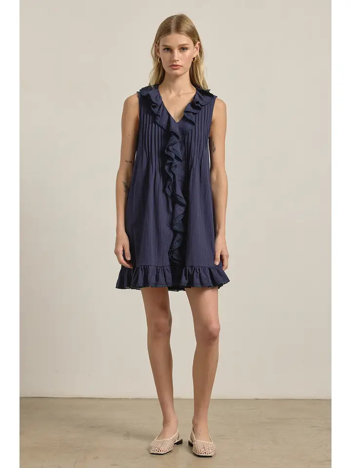 Ruffle Trim Pintuck Dress with Slip Lining - Navy