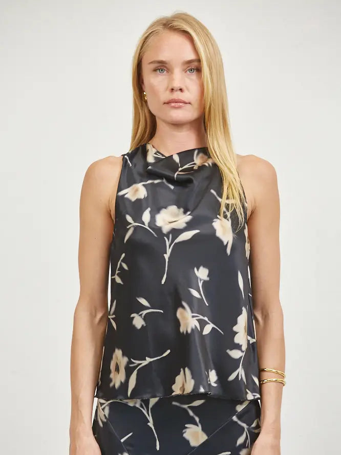 Woven Cowl Neck Sleeveless Top - Black Floral