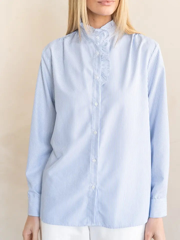 Ruffle Neck Blouse - Light Blue Stripe