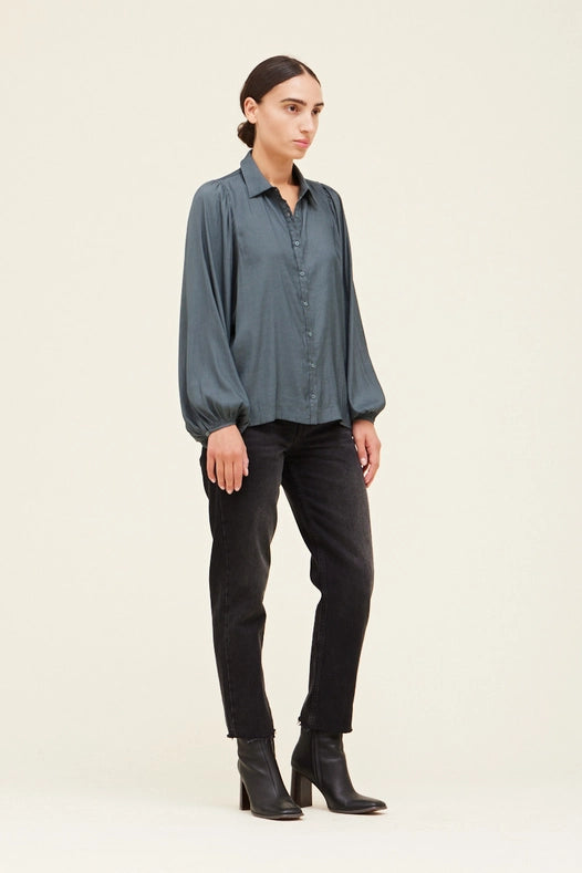 Grade + Gather - Button Down Satin Shirt - Dark Teal