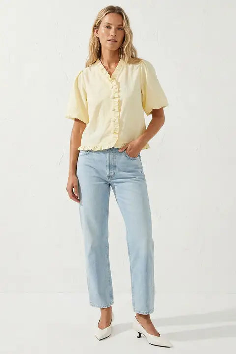 Ruffle Detail Bubble Sleeve Top - Pale Banana