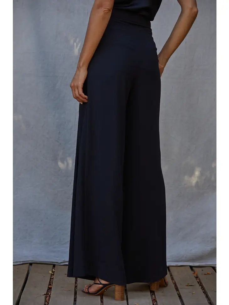 Woven High Waist Wide Leg Trousers - Black